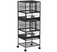 PawHut Jaula para Pájaros de 2 Niveles con Paneles Acrílicos Comederos Perchas Ruedas y Estante Inferior 48x46x134,5 cm Negro
