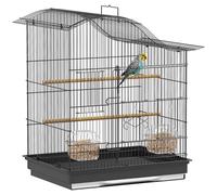 PawHut Jaula para pájaros de 4 entradas con 2 cuencos, 2 perchas y bandeja extraíble, pajarera de metal y plástico, 47,5 x 36 x 54,5 cm, negro