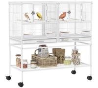 PawHut Jaula para Pájaros Grande con Divisor, Pajarera Doble con Ruedas, 4 Comederos, 4 Perchas, Estante, 2 Bandejas Extraíbles, para Periquitos, Agapornis, Canarios, 95x45,5x102 cm, Blanco