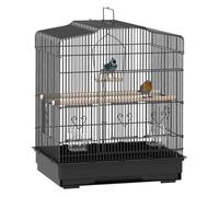PawHut Jaula para Pájaros, Jaula de Acero para Pájaros con Puertas, 2 Comederos, 2 Perchas, Columpio, Bandeja Extraíble y Asa de Transporte, para Loro, Canario, Periquito, 46,5x36x59 cm, Negro