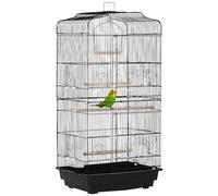 PawHut Jaula para Pájaros, Jaula de Metal para Pájaros con Puertas, 4 Comederos, 3 Perchas, Columpio, Bandeja Extraíble y Asa de Transporte, para Loro, Canario, Periquito, 46,5x35,5x92 cm, Negro
