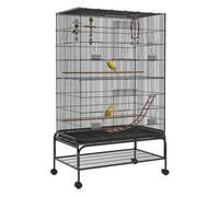 Pawhut Jaula para Pájaros, Jaula Grande con Ruedas, Comederos, Perchas, Estante Inferior, Bandeja Extraíble, Pajarera, Columpio y Escalera para Loros, Canarios, 97x58x160 cm, Negro