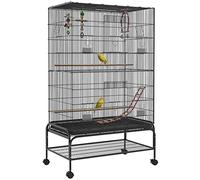 Pawhut Jaula para Pájaros, Jaula Grande con Ruedas, Comederos, Perchas, Estante Inferior, Bandeja Extraíble, Pajarera, Columpio y Escalera para Loros, Canarios, 97x58x160 cm, Negro