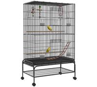 Pawhut Jaula para Pájaros, Jaula Grande con Ruedas, Comederos, Perchas, Estante Inferior, Bandeja Extraíble, Pajarera, Columpio y Escalera para Loros, Canarios, 97x58x160 cm, Negro