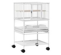 Pawhut Jaula para Pájaros Jaula Grande con Ruedas Paneles Acrílicos Comederos Perchas Estante Bandejas Extraíbles Pajarera para Loros Canarios 48x46x83 cm Blanco