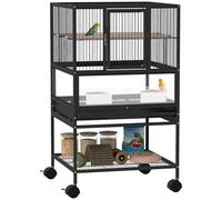 Pawhut Jaula para Pájaros Jaula Grande con Ruedas Paneles Acrílicos Comederos Perchas Estante Bandejas Extraíbles Pajarera para Loros Canarios 48x46x83 cm Negro