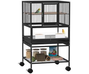 Pawhut Jaula para Pájaros Jaula Grande con Ruedas Paneles Acrílicos Comederos Perchas Estante Bandejas Extraíbles Pajarera para Loros Canarios 48x46x83 cm Negro