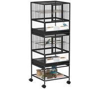 Pawhut Jaula para Pájaros Jaula Grande de 2 Niveles con Ruedas Paneles Acrílicos Comederos Perchas Estante Bandejas Extraíbles Pajarera para Loros Canarios 48x46x134,5 cm Negro