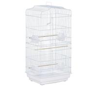 PawHut Jaula para Pájaros 46,5x35,5x92 cm Pajarera de Metal con Puertas 4 Comederos 3 Perchas Columpio Bandeja Extraíble y Asa de Transporte para Loro Canario Periquito Blanco