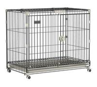 PawHut - Jaula para perro plegable, bandeja extraíble, ruedas con frenos, techo corredizo, puerta de alimentación, nicho interior para perros pequeños y medianos (75,5 x 46 x 64,5 cm, color negro