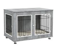 PawHut Jaula para perros animales jaula de perro de pie con cojín extraíble acero aspecto madera 90x58x65 cm Gris Aosom España