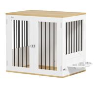 PawHut Jaula para Perros Medianos 2 en 1 Mesa Auxiliar con 2 Puertas con Pestillo Comedero Giratorio de 360° 2 Cuencos y Almohadillas Antideslizantes 80x55x71,5 cm Blanco