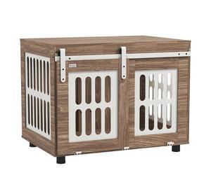 PawHut Jaula para Perros con Puerta corredera, caseta para Perros de tamaño Mediano, Buena ventilación, Mesa Lateral con Patas Ajustables, 80 x 59 x 63 cm, Nogal