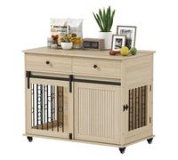Pawhut jaula para perros con ruedas, mesa auxiliar, casa para mascotas moderna con 2 cajones, 2 puertas y cierre, para perros medianos y grandes, 100x56x81 cm, roble