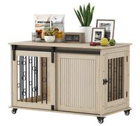 PawHut Jaula para Perros con Ruedas, Mesa Auxiliar, Casa para Mascotas Moderna con 2 Puertas y Cierre, para Perros Medianos y Grandes, 100x56x65 cm, Roble