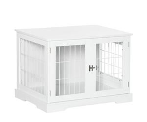 PawHut Jaula para Perros de Madera 76x54,5x56 cm Caseta para Perros con Mesa de Almacenamiento con Rejillas de Acero y 2 Puertas de Pestillo Blanco