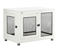 PawHut Jaula para Perros de Madera Superficie Mesa de Centro 94x60x71,5 cm Estilo Mueble con 2 Puertas de Pestillo Cojín de Tela Oxford y Rejillas de