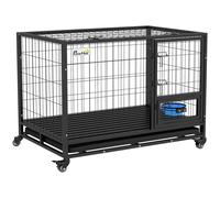 PawHut Jaula para Perros Grandes con Soporte de Cuenco Bandeja Extraíble Ruedas y Puerta Doble Desmontable 109x72x79 cm Negro