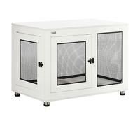 PawHut Jaula para Perros Grandes Estilo Mueble Casa para Perros 94x60x71,5 cm Mesa Auxiliar con 2 Puertas de Pestillo Cojín de Tela Oxford y Rejillas de Acero Blanco