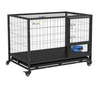 PawHut Jaula para Perros Jaula para Perros Grandes con Tapa Superior Abatible Soporte de Cuenco Bandeja Extraíble Ruedas y Puerta Doble Desmontable 109x72x79 cm Negro