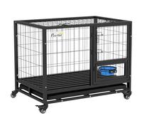 PawHut Jaula para Perros Jaula para Perros Grandes con Tapa Superior Abatible Soporte de Cuenco Bandeja Extraíble Ruedas y Puerta Doble Desmontable 92x62x73 cm Negro