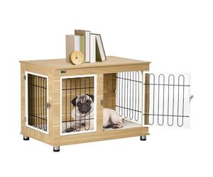 PawHut Jaula para Perros Mesa Auxiliar con Cojín Lavable Casa para Mascotas con Estructura de Acero para Perros Medianos y Grandes 90x58x65 cm Roble