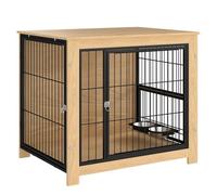 Pawhut jaula para perros mesa auxiliar moderna casa para mascotas con 2 puertas soporte giratorio con 2 tazones y estructura de acero para perros medianos 80x60x68 cm roble 80 cm