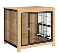 PawHut Jaula para Perros Moderna Mesa Auxiliar Casa para Mascotas con 2 Puertas, Soporte Giratorio con 2 Tazones, Estructura de Acero para Perros Medianos 80x60x68 cm Roble
