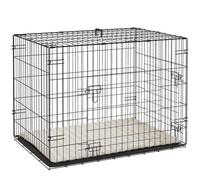 PawHut Jaula para Perros Plegable, Jaula para Perros Pequeños con Cojín, 2 Puertas, Bandeja Extraíble y Marco de Alambre Metálico, 75x48,5x53 cm, Negro y Beige
