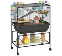 PawHut Jaula para ratas sobre ruedas, jaula grande para hámster de 3 niveles con bandeja de 17 cm de profundidad, estante de almacenamiento, rueda de ejercicio grande, sistema de tubos, cabaña