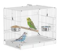 PawHut Jaula Plegable metálica para cacatúas 49x31x40cm Blanca | Jaula para loros, percha de madera, 2 cuencos, asa superior, para periquitos, pinzones