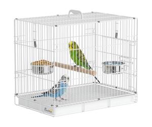 PawHut Jaula Plegable metálica para cacatúas 49x31x40cm Blanca | Jaula para loros, percha de madera, 2 cuencos, asa superior, para periquitos, pinzones