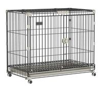 PawHut Jaula Plegable para Perro, Bandeja Extraíble, Ruedas con Freno, Techo Abatible, Puerta para Alimentación, 75,5x46x64,5cm, Negro