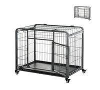 PawHut Jaula Plegable para Perros con Ruedas y Frenos Bandeja Extraíble y Puerta con Pestillos 125x76x81 cm Gris Oscuro