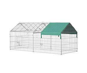 PawHut Jaula Recinto para Animales Pequeños 220x103x103 cm Jaula para Conejos Corral con 2 Puertas y Protección contra Solar para Conejo Gallinas Patos Exterior Jardín Patio Plata y Verde