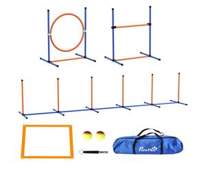 PawHut Juego de Agilidad para Perros de 4 Piezas con Piquetes para Slalom Zona de Reposo Valla y Anillo de Salto Naranja y Azul