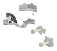 PawHut Juego de Estanterías para Gatos de 4 Piezas Rascador de Pared para Gatos con 2 Postes de Sisal Plataforma Doble con Escalera Suave y 1 Plataforma para Saltar Gris Claro