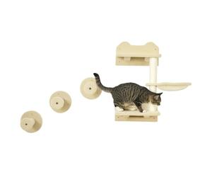 PawHut Juego de Estanterías para Gatos de 4 Piezas Rascador de Pared para Gatos con 3 Postes de Sisal Hamaca y 1 Plataforma para Saltar de 3 Niveles Beige