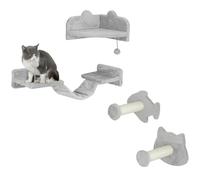 PawHut Juego de Pared de Escalada para Gatos de 4 Piezas Estanterías para Gatos con Plataforma Doble con Escalera Poste de Sisal 1 Plataforma para Saltar y Bola de Juguete Gris Claro