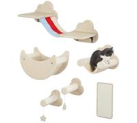 PawHut Juego de Pared de Escalada para Gatos de 6 Piezas Tema Cielo Estanterías para Gatos con Hamacas Plataformas Escaleras Tabla Rascador Poste de Sisal Estrellas de Juguete Beige