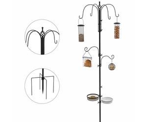 Pawhut Kit Estación Alimentación Aves Silvestres, Poste 6 Ganchos, Negro | 4 Comederos Colgantes, para Cacahuetes, Semillas, Bolas de Grasa, para Jardín