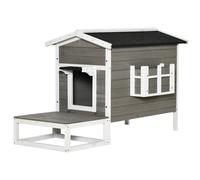 PawHut Maisonnette para gatos niche exterior elevado con terraza impermeable en madera, 115x66,5x74,7 cm, Gris Aosom España