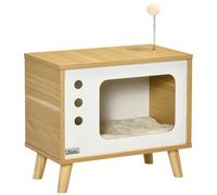 PawHut Mesa Auxiliar y Cama Cueva para Gatos Diseño Televisor con Cojín Lavable y Bola de Juguete 50x28x43 cm Roble Aosom España