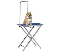 PawHut Mesa de Peluquería para Mascotas Mesa de Aseo Altura Regulable con Encimera Antideslizante Patas Plegables de Acero Inoxidable Asa y Brazo con Altura Ajustable 72x45x74-81 cm Azul