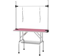 PawHut Mesa de Peluquería Canina Plegable con Cesta Metálica Barra de Acero Inoxidable Ajustable 107x60x164 cm Rosa