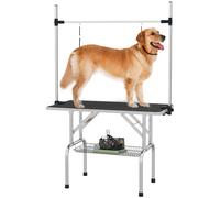 PawHut Mesa de Peluquería Canina Plegable con Estante de Almacenamiento Altura Ajustable 20-80 cm 107x60x170 cm Negro para Mascotas Aosom España