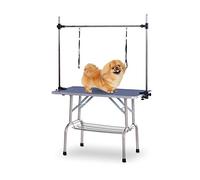 PawHut Mesa de Peluquería Canina Plegable, Mesa de Aseo con Cesta de Rejilla Metálica, Encimera Antideslizante, Barra de Acero Inoxidable Ajustable, para Perros, Gatos, 107x60x164 cm, Azul