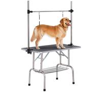 PawHut Mesa de Peluquería Canina Plegable, Mesa de Aseo con Cesta de Rejilla Metálica, Encimera Antideslizante, Barra de Acero Inoxidable Ajustable, para Perros, Gatos, 107x60x164 cm, Negro