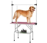 PawHut Mesa de Peluquería Canina Plegable, Mesa de Aseo con Cesta de Rejilla Metálica, Encimera Antideslizante, Barra de Acero Inoxidable Ajustable, para Perros, Gatos, 107x60x164 cm, Rosa