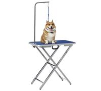 PawHut Mesa de Peluquería para Mascotas Mesa de Aseo Altura Regulable con Encimera Antideslizante Patas Plegables de Acero Inoxidable Asa y Brazo con Altura Ajustable 72x45x74-81 cm Azul